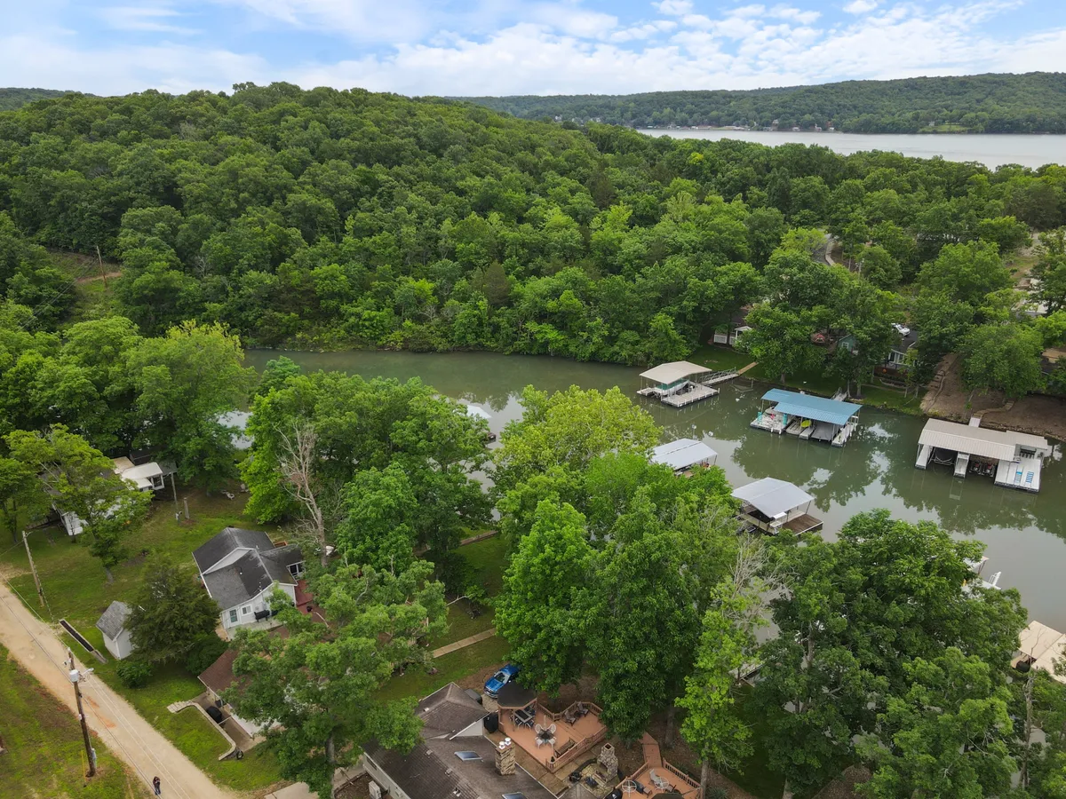A serene shoreline with calm water, lush green trees, several docks with boats, and a road leading to homes. The tranquil environment suggests opportunities for nature walks and quiet exploration with pets.